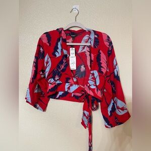 Express Red and Blue Floral Wrap Top